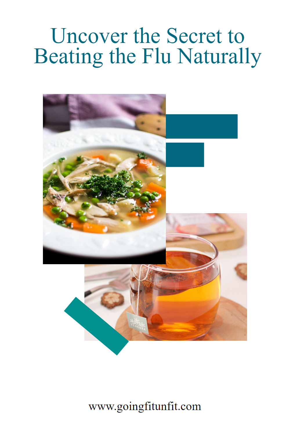 Bowl of chicken soup and tea in a clear mug