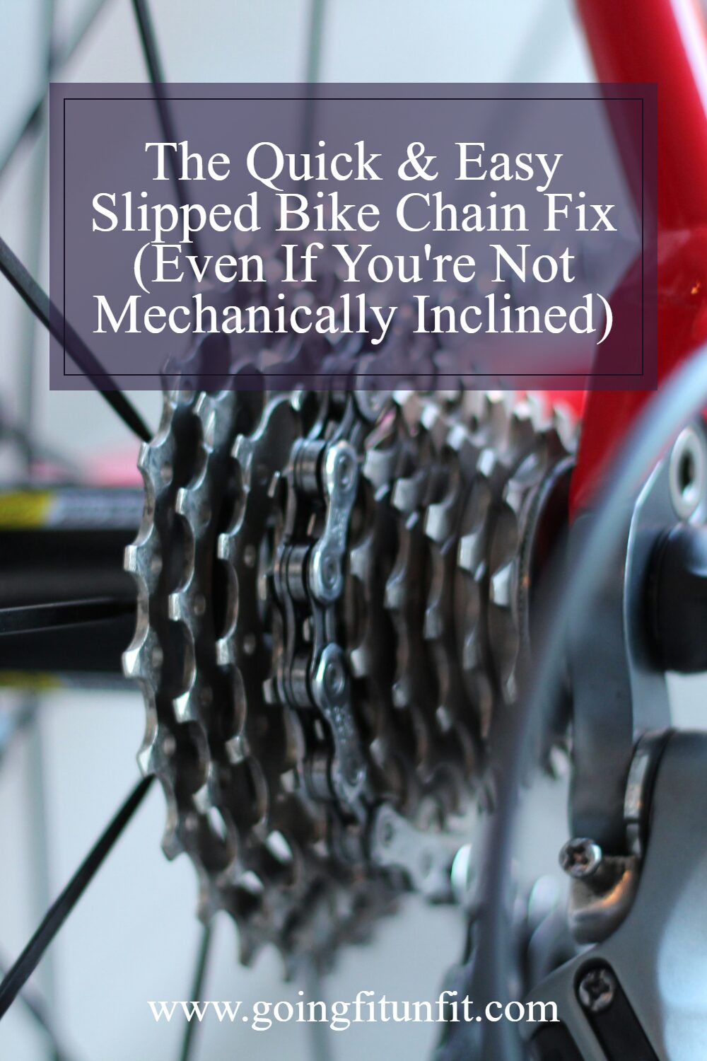 Close-up of a slipped bike chain hanging off the gears of a bicycle, with overlaid text that reads, "the quick & easy slipped bike chain fix (even if you're not mechanically inclined). " the image emphasizes the chain misalignment to illustrate a common bike repair issue.