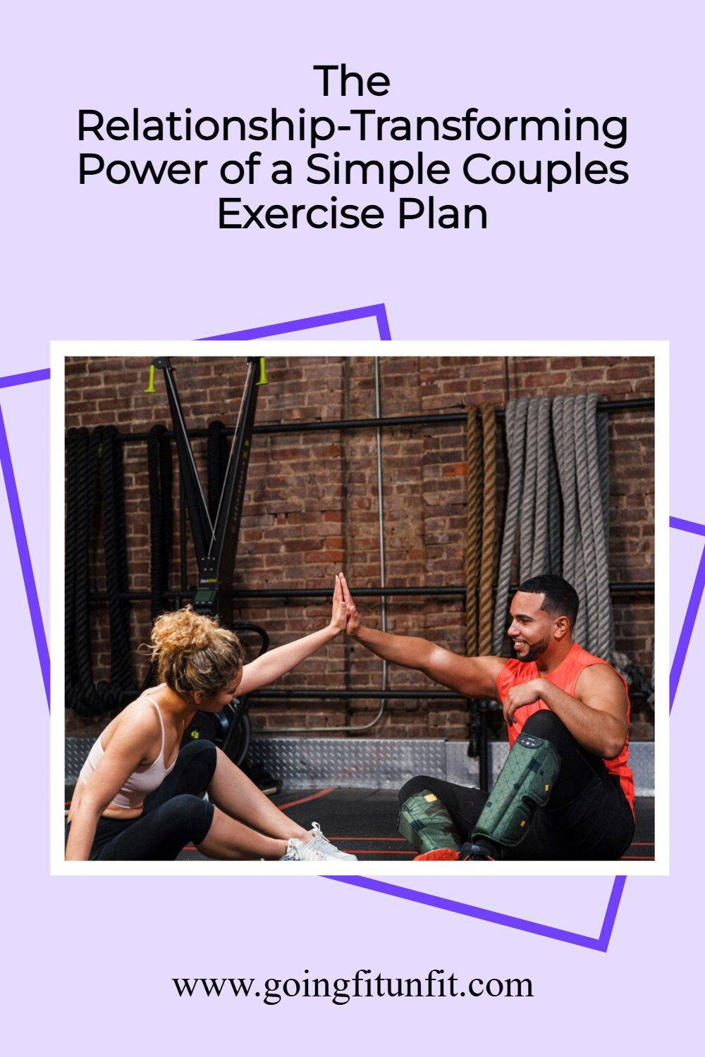 Happy married couple following couples exercise plan while working out in a gym