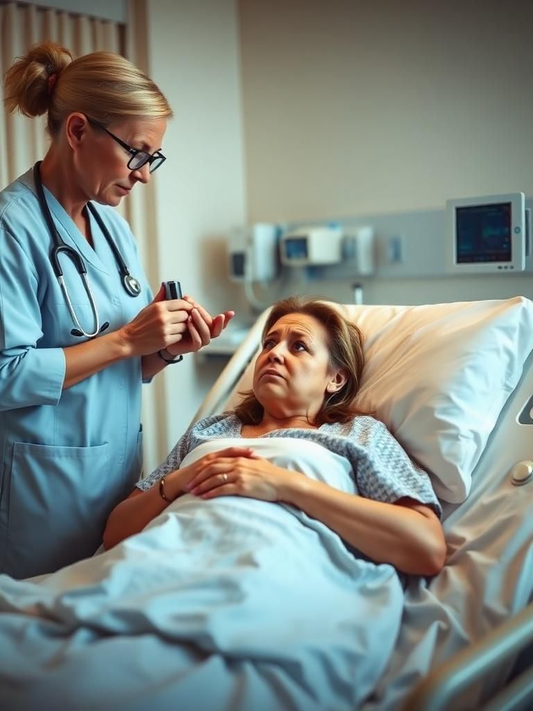 Person in early detox receiving compassionate medical supervision from a nurse in a calm, safe hospital setting